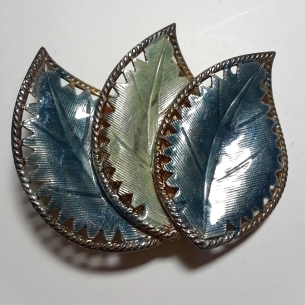 Vintage Enameled Triple Stitched Leaf Brooch Pin